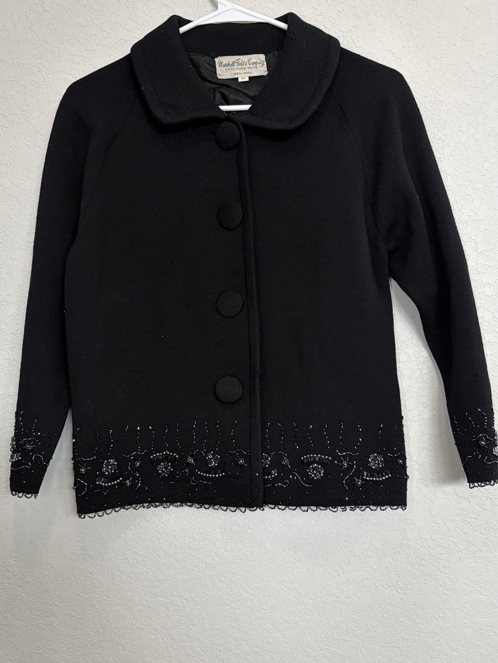 Rare Find- Vintage Marshall Field & Co Black Beaded Button-Front Sweater Jacket